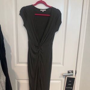 Sexy Olive Green Midi Dress with plunging V neck.